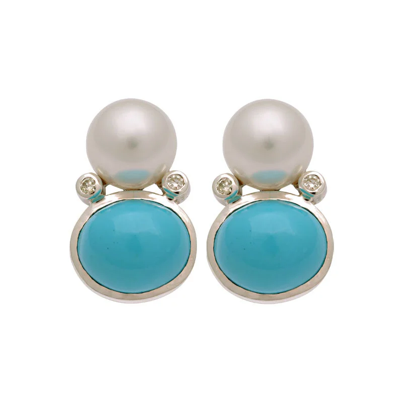 Trendy Pearl Earrings-Earrings-Turquoise, South Sea Pearl and Diamond