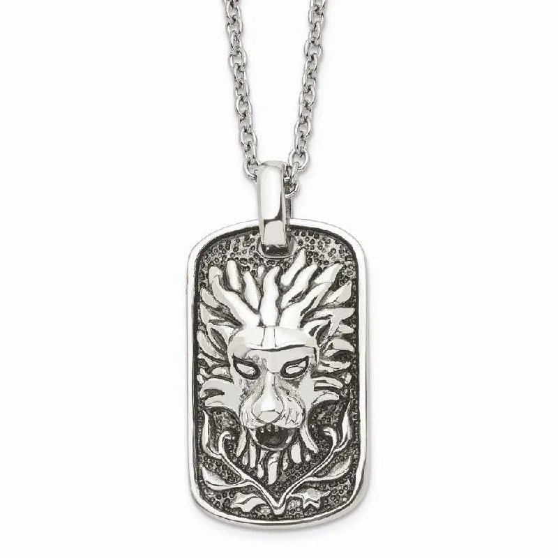 Sparkling Silver Pendant Necklaces-Stainless Steel Polished and Antiqued Lion Dog Tag Necklace