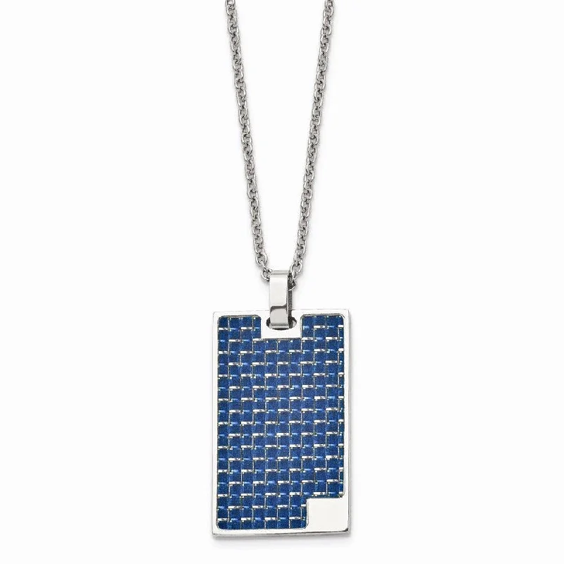 Birthstone Necklaces-Stainless Steel Polished with Blue Carbon Fiber Inlay Dog Tag Necklace