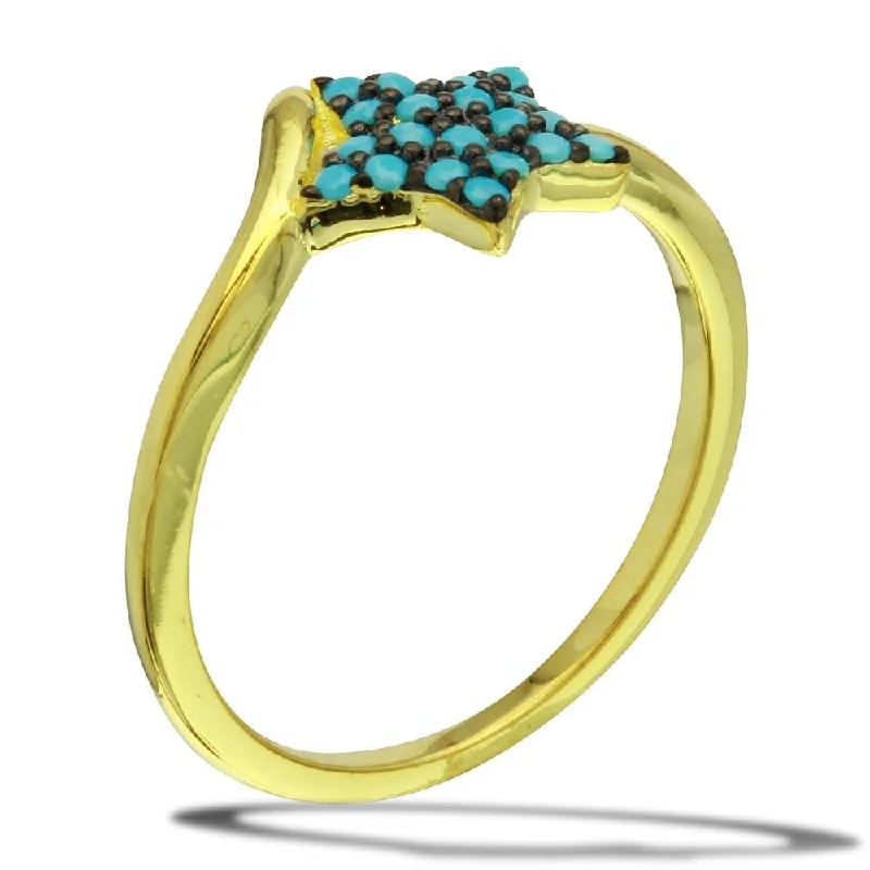 Men’s Wedding Rings-Gold Plated 925 Sterling Silver Star Ring with Turquoise Beads - BGR01115