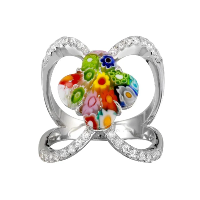 Luxury Engagement Rings-Rhodium Plated 925 Sterling Silver Open Shank Flower Shape Murano Glass CZ Ring - MR00013