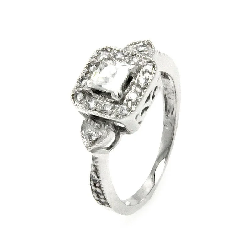 Men’s Custom Rings-Silver 925 Rhodium Plated Clear Cluster CZ Square Heart Bridal Ring - BGR00470