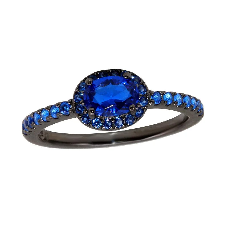 Stylish Solitaire Rings-Black Rhodium Plated 925 Sterling Silver Blue Oval CZ Stone Ring - BGR01235