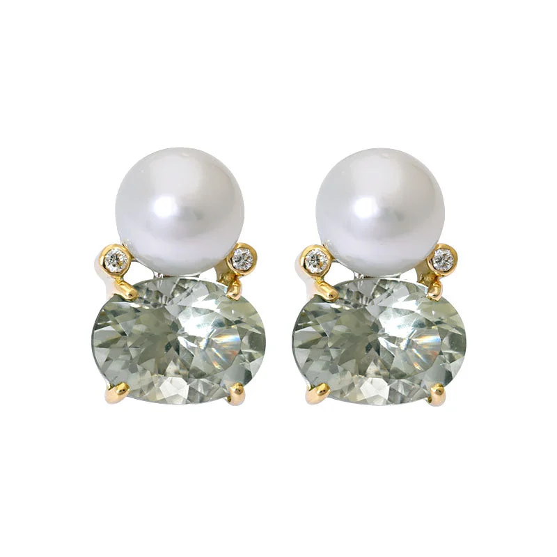 Big Statement Earrings-Earrings- Green Quartz, South Sea Pearl and Diamond