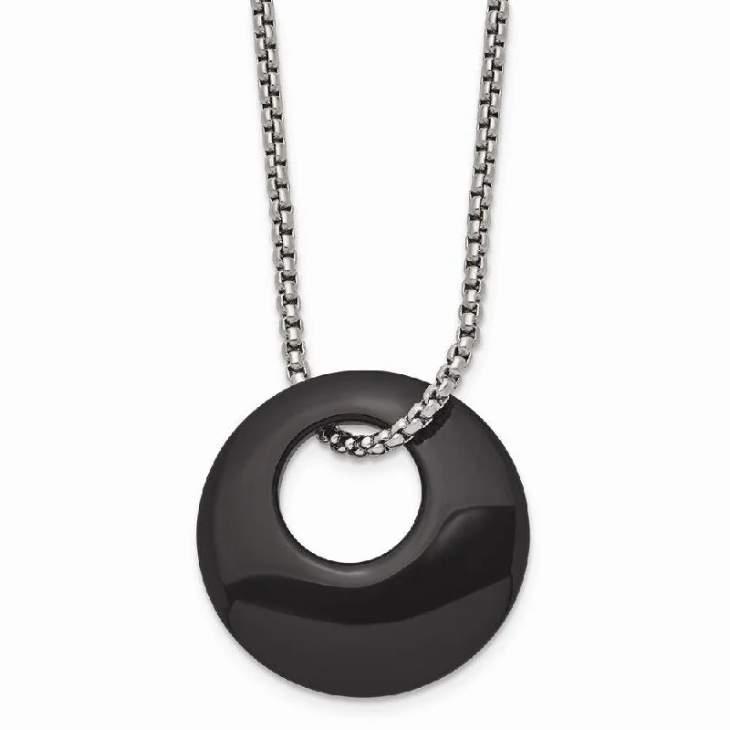 Pearl and Diamond Necklaces-Stainless Steel Black Onyx Large Circular Polished Necklace