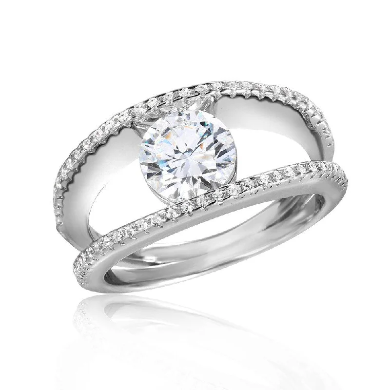 Stunning Wedding Bands-Silver 925 Rhodium 2 Row CZ Band with A 7mm Center Stone Ring - STR01046