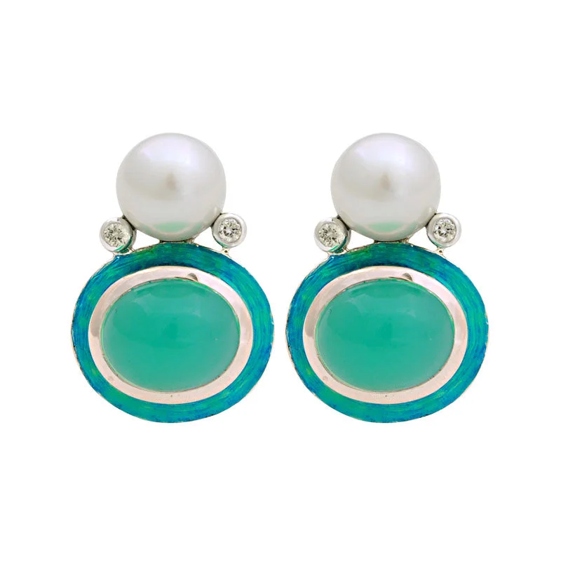 Elegant Gold Earrings-Earrings-Chrysoprase, South Sea Pearl and Diamond (Enamel)