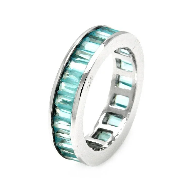 Bold Silver Rings-Silver 925 Rhodium Plated Channel Set Aqua Blue Baguette CZ Stackable Eternity Ring - STR00124BLU