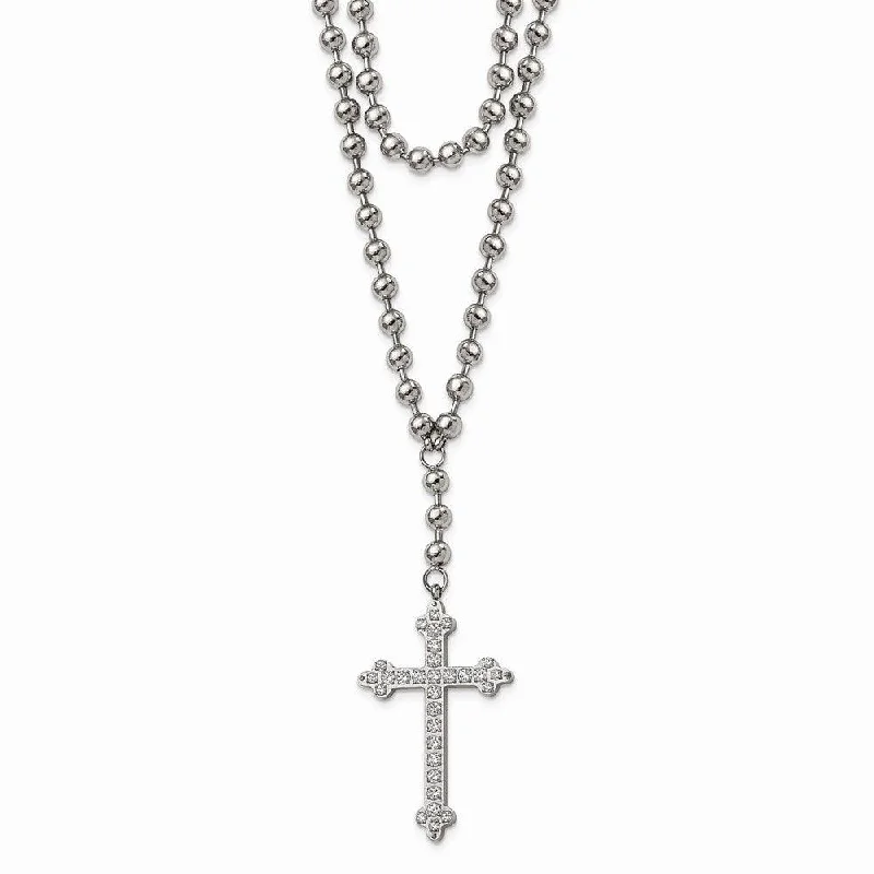 Trendy Gold Pendant Necklaces-Stainless Steel Polished Cross w/Crystal Two Bead Chain Necklace