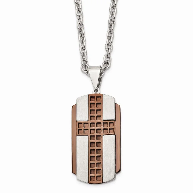 Layered Diamond Necklaces-Stainless Steel Brushed & Polished Brown IP-plated Cross Necklace