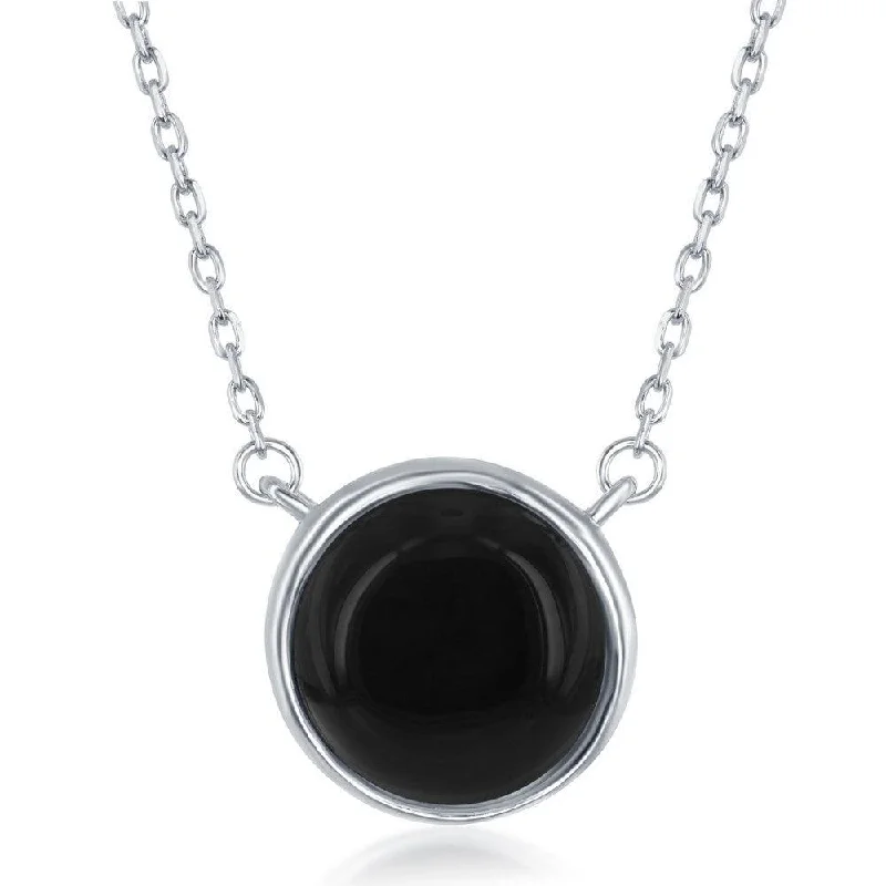 Heart Pendant Necklaces-Sterling Silver Round Onyx Bezel Set Necklace