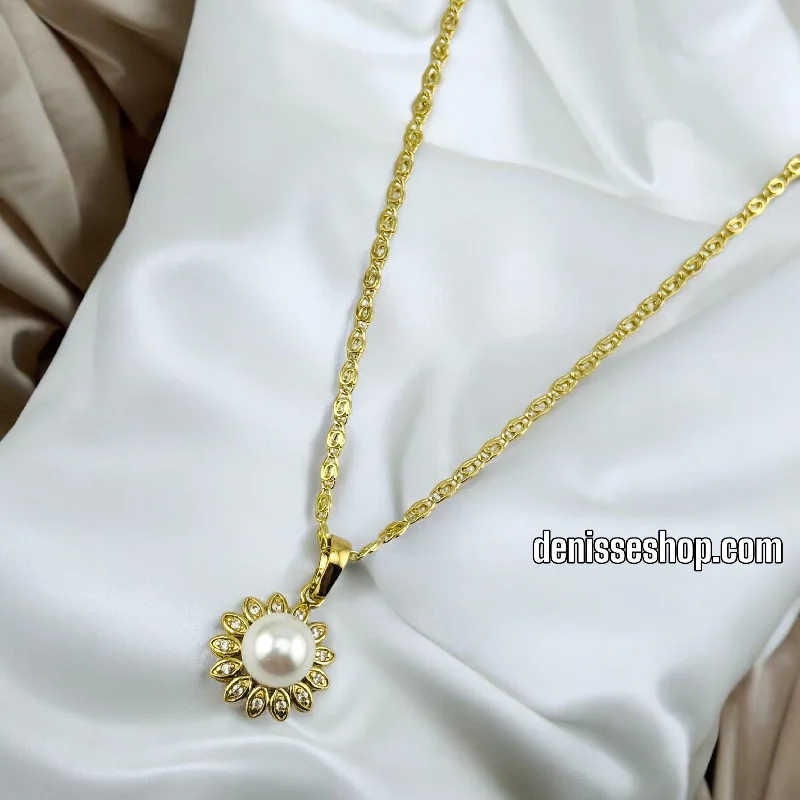 Bold Gold Necklaces-14K GOLD / WHITE  PEARL FLOWER NECKLACE N57