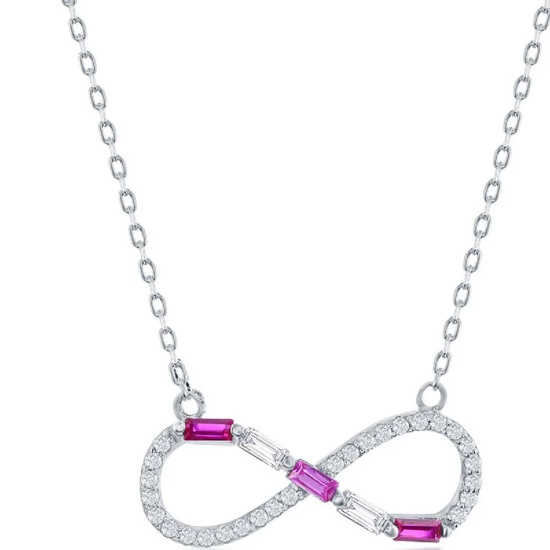 Luxury Gemstone Pendant Necklaces-Classic Women's Necklace - Sterling Round and Ruby Baguette CZ Infinity | M-6951