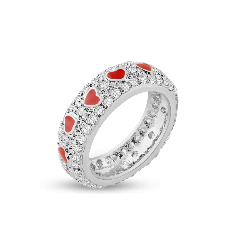 Fashion Rings for Men-Silver 925 Rhodium Plated Red Enamel Heart Pave Set CZ Eternity Ring - STR00549