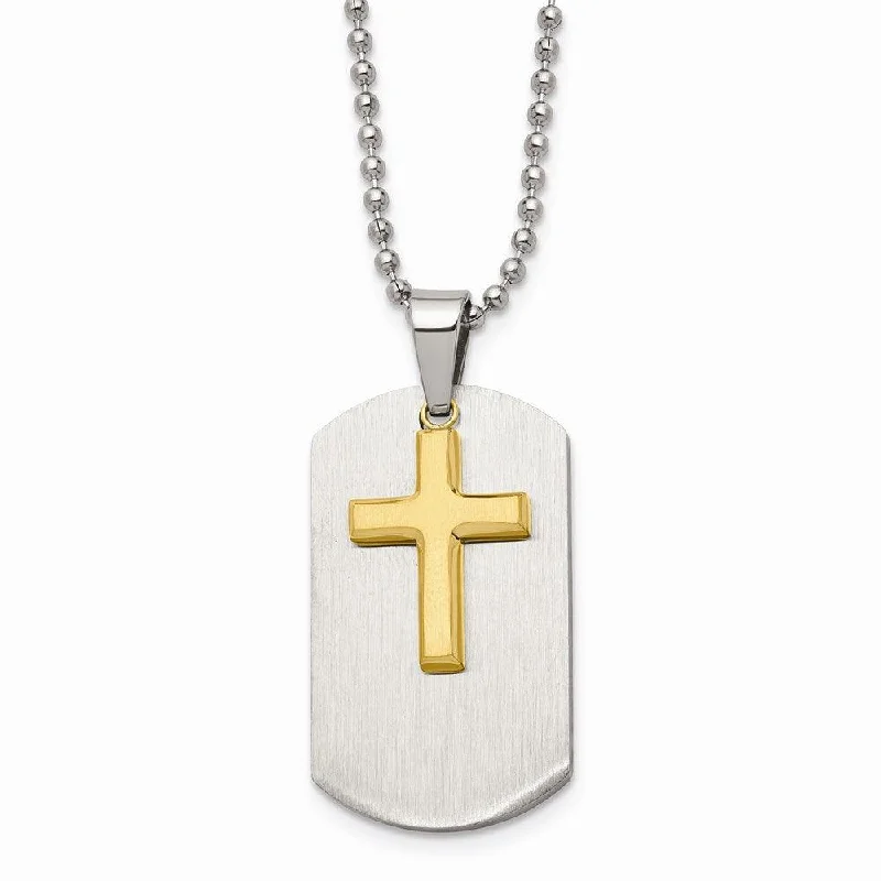 Bold Gold Necklaces-Stainless Steel Polished Dog Tag Yellow IP-plated Brushed Cross Necklace