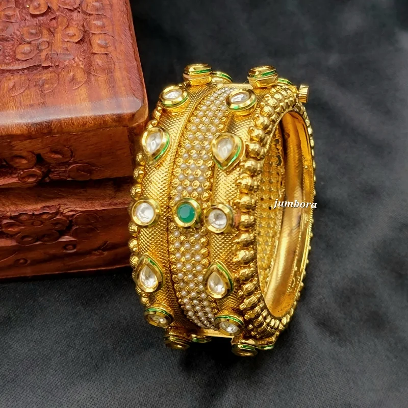 Traditional Silver Bangles-Antique Gold Openable Kundan Bangle Bracelet