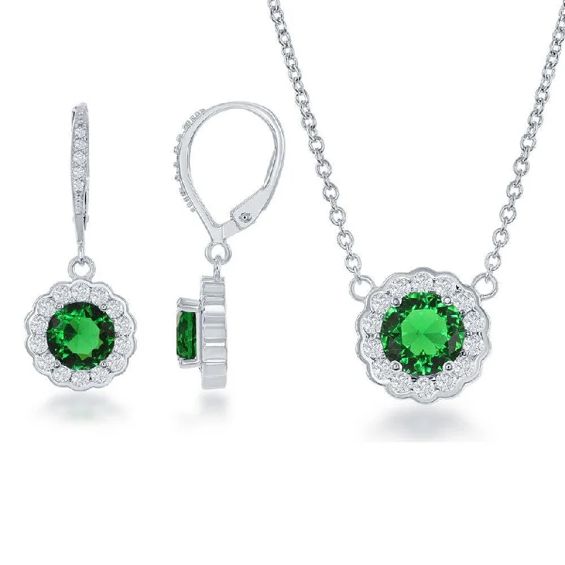 Diamond Choker Necklaces-Sterling Silver May Birthstone With  CZ Border Round Earrings and Necklace Set