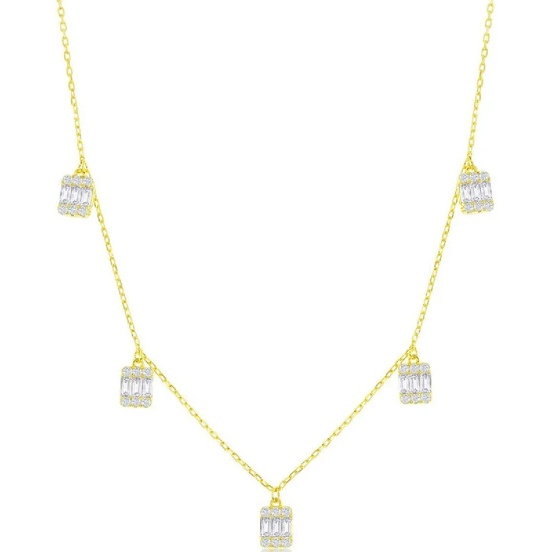 Elegant Gold Necklaces-Classic Women's Necklace - GP Sterling Silver Baguette CZ Rectangle Charms | M-6926