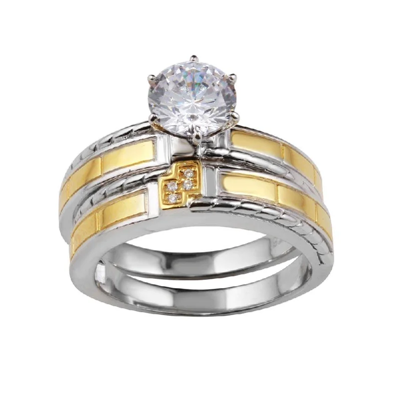 Antique Diamond Wedding Rings-Two-Tone 925 Sterling Silver His and Hers Ring Set with CZ - GMR00257RG