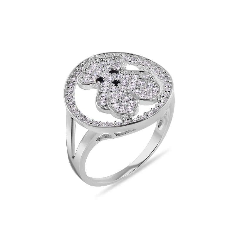 Luxury Diamond Wedding Rings-Rhodium Plated 925 Sterling Silver Teddy Bear Round Top Clear CZ Studded 16.9mm Ring - GMR00408