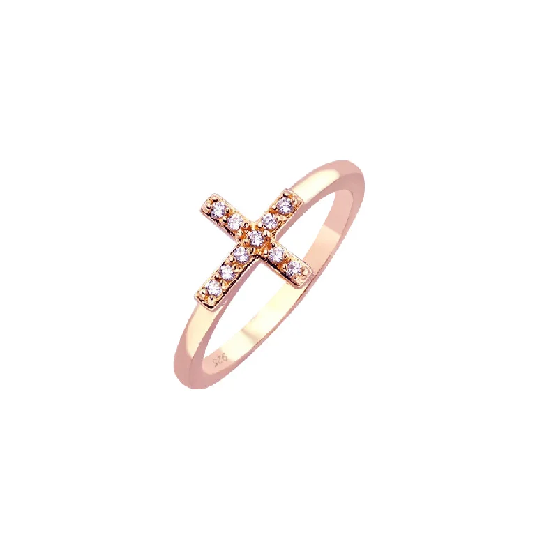 Handcrafted Gold Rings-Silver 925 Rose Gold Plated Clear CZ Mini Cross Ring - BGR00614RGP