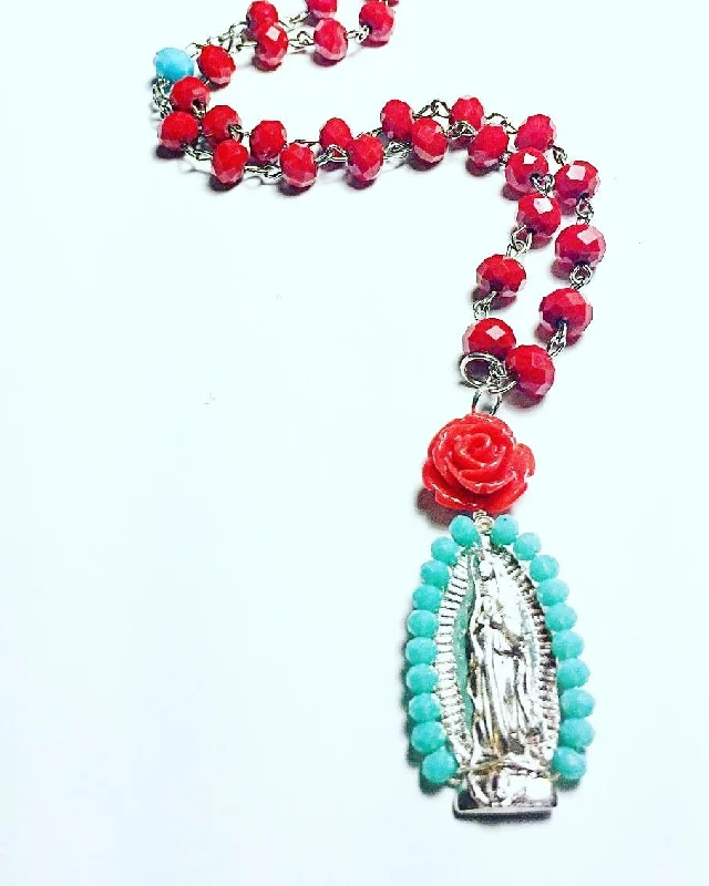 Heart Pendant Necklaces-Virgen de Guadalupe Crystal Rosary Necklace