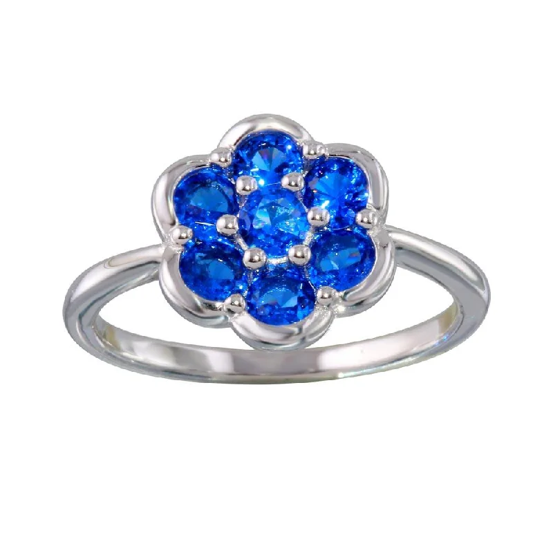 Dainty Silver Rings-Rhodium Plated 925 Sterling Silver Blue CZ Flower Ring - BGR01152BLU