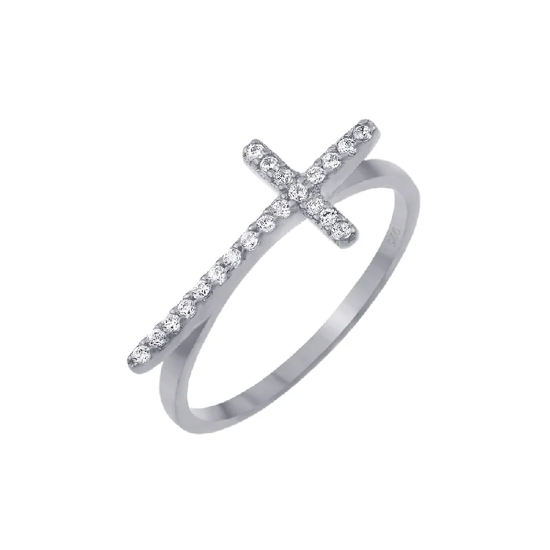 Customizable Wedding Bands-Silver 925 Rhodium Plated Clear CZ Cross Ring - BGR00810RHD