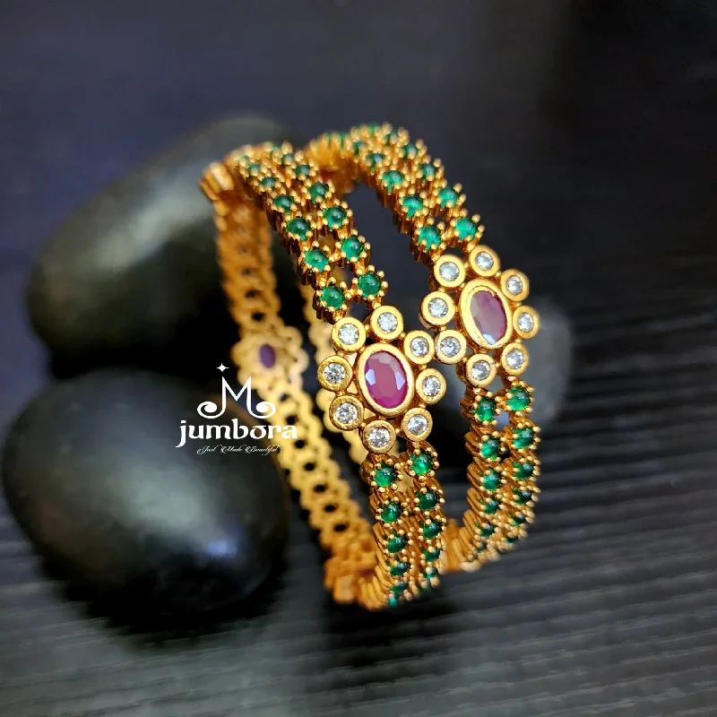 Unique Gold Bangles-Antique Matte Gold Floral Green Red Kemp & White AD Zircon (CZ) Stone Bangle