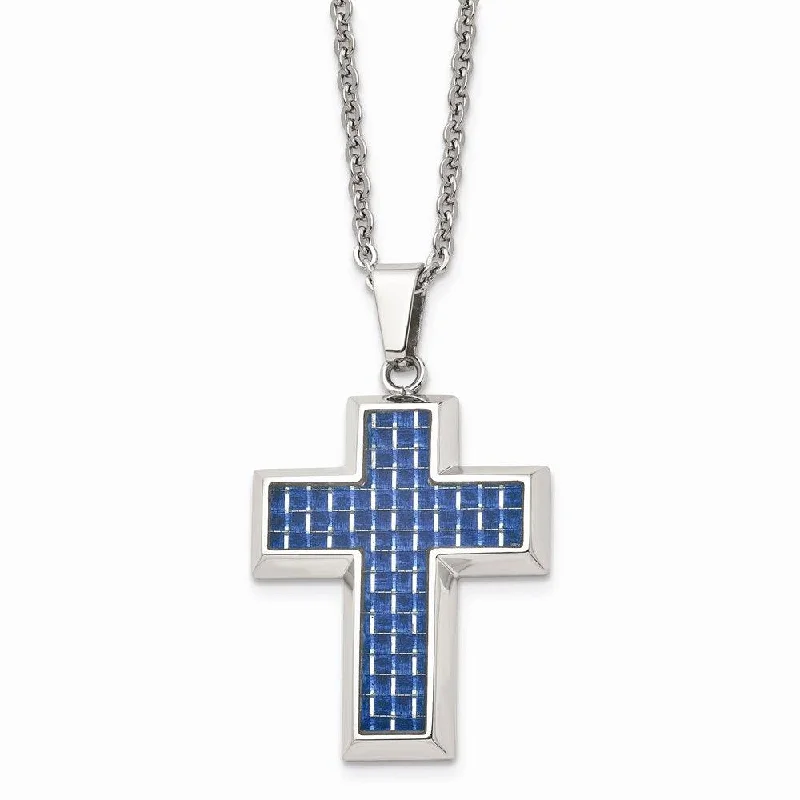 Bold Gold Necklaces-Stainless Steel Polished with Blue Carbon Fiber Inlay Cross 22in Necklace