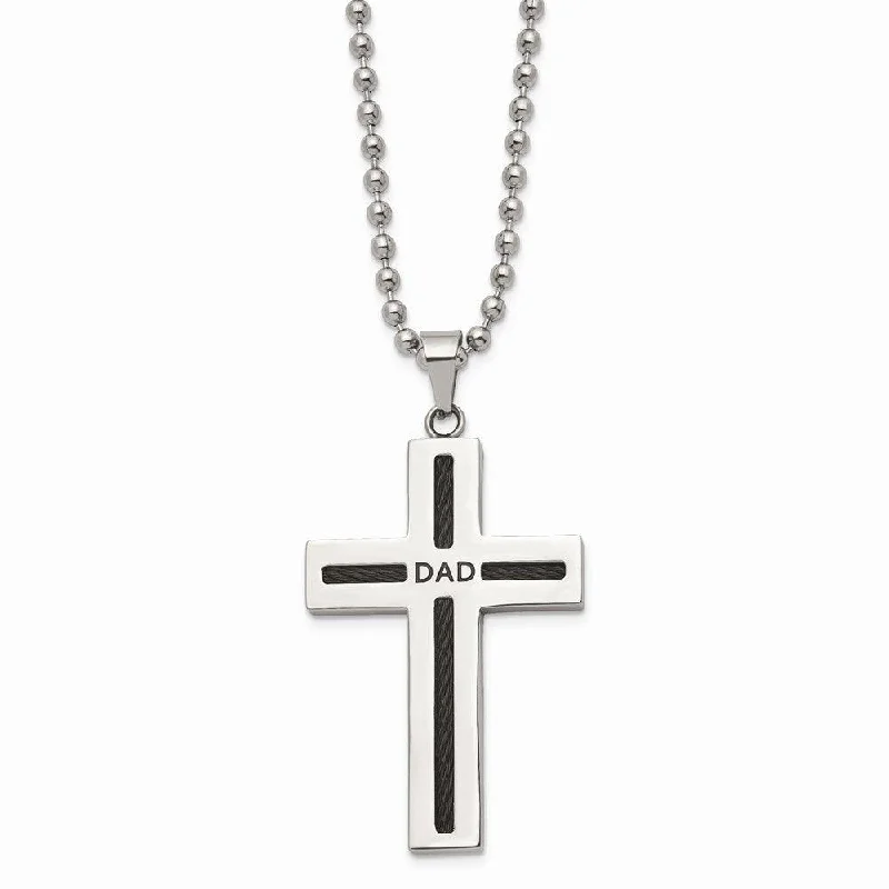 Custom Silver Necklaces-Stainless Steel Polished Black IP Cable Dad Cross Necklace