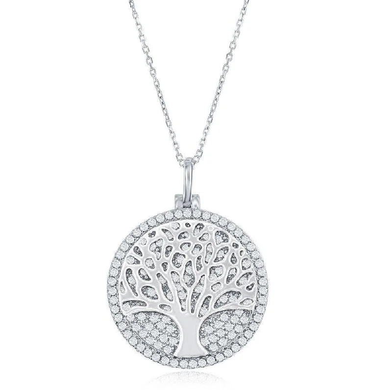 Gold and Silver Necklaces-Sterling Silver Micro Pave Disc with Center Tree of Life Necklace