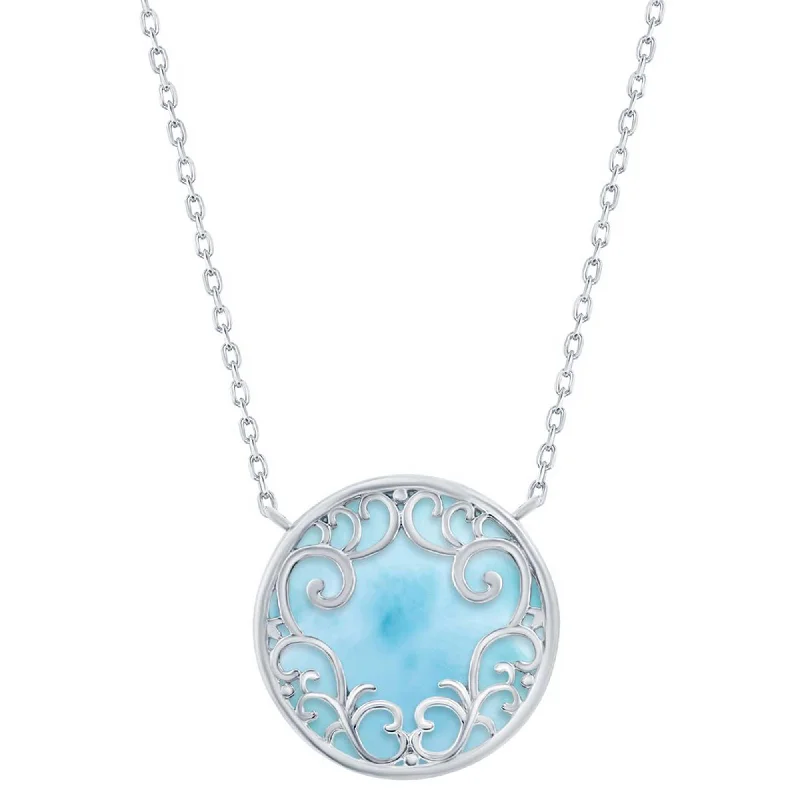 Large Pendant Necklaces-Women's Necklace - Silver Round Larimar Filigree Design | M-6695