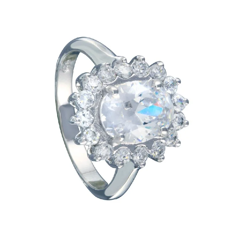 Classic Diamond Rings-Silver 925 Rhodium Plated Clear CZ Flower Bridal Ring - BGR00046