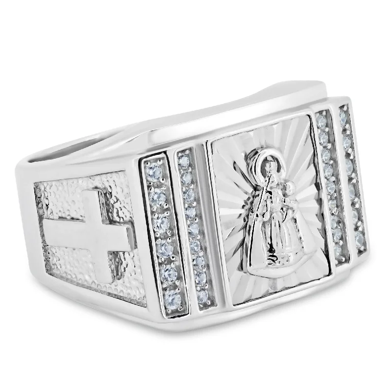 Vintage Diamond Rings-Rhodium Plated 925 Sterling Silver Religious Saint CZ Ring - GMR00348