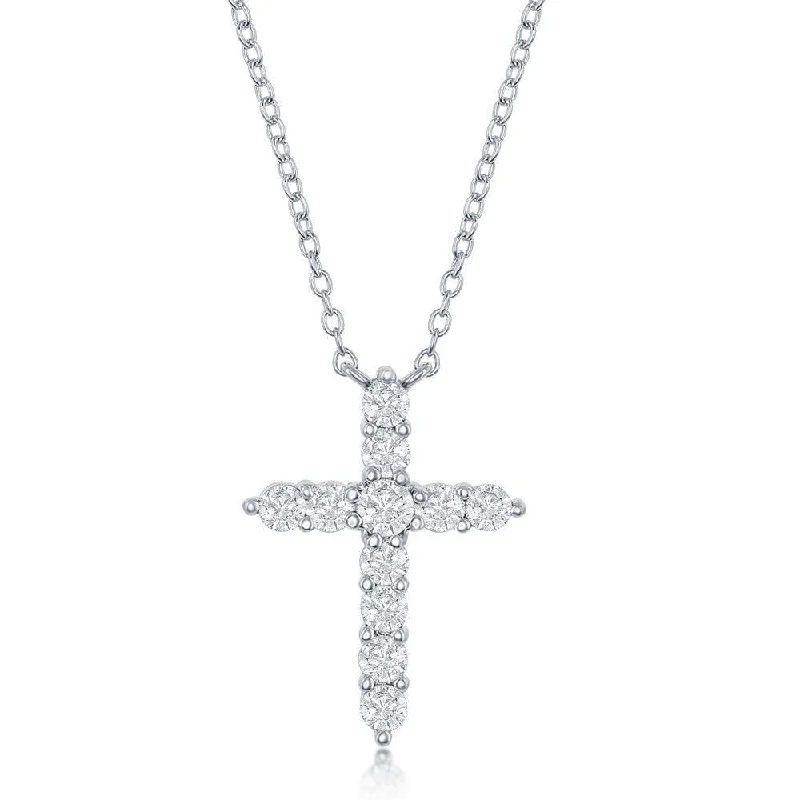 Stylish Pendant Necklaces-Sterling Silver White CZ April Birthstone Cross Necklace