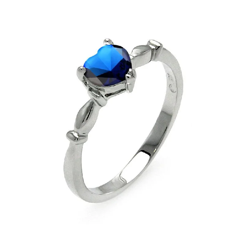 Men’s Custom Rings-Rhodium Plated 925 Sterling Silver CZ Heart Blue September Ring - BGR00521SEP