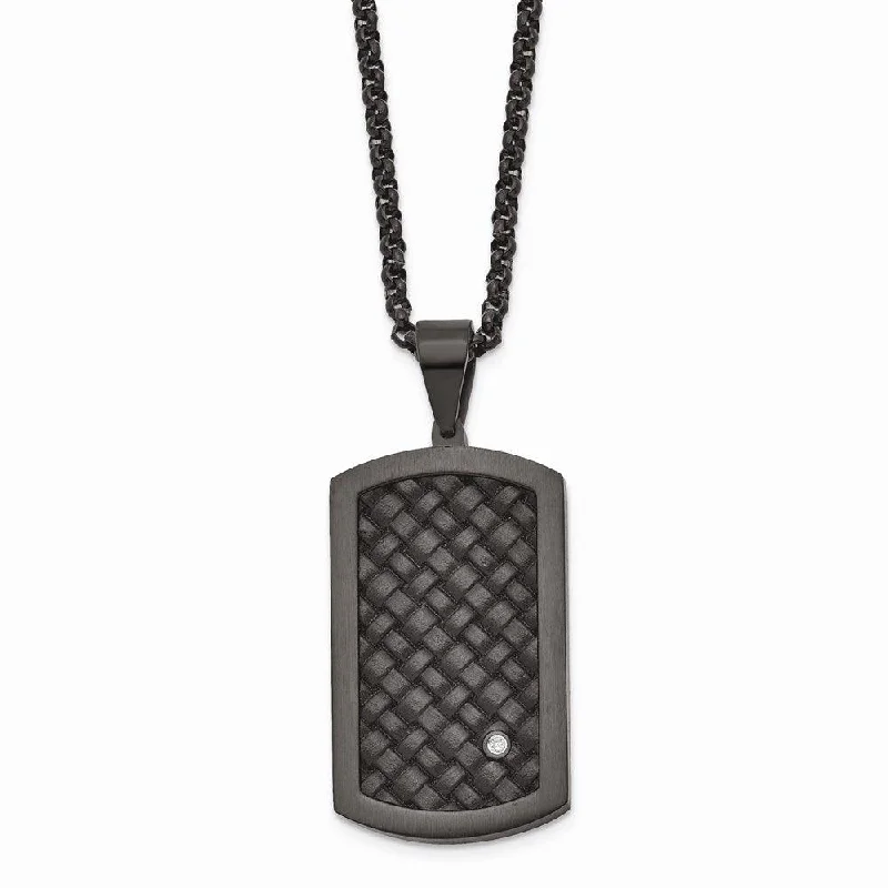 Trendy Silver Chain Necklaces-Stainless Steel Brushed Blk Leather Blk IP CZ Dogtag Necklace