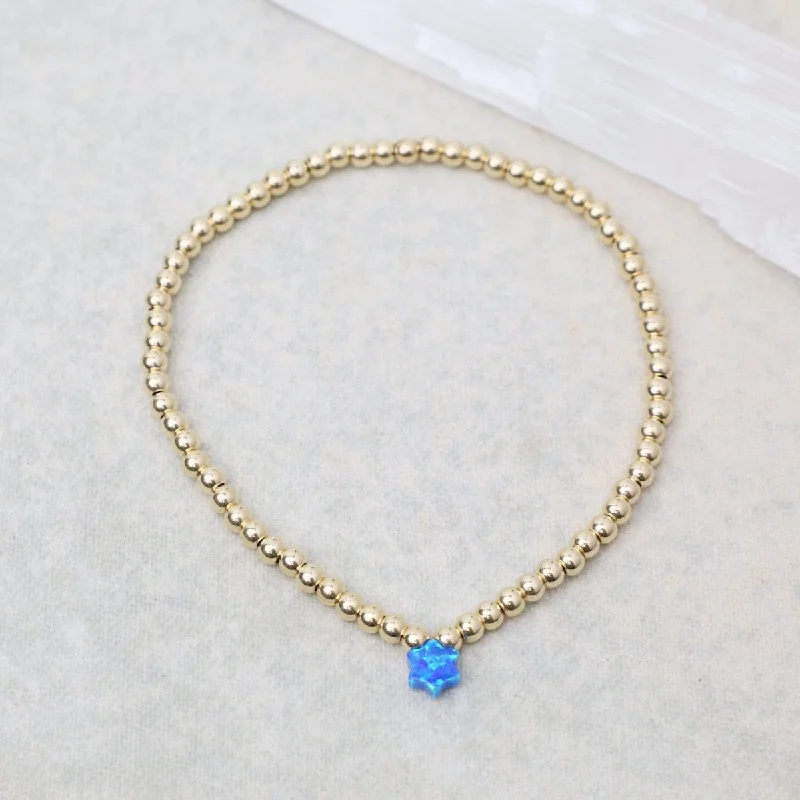 Custom Engraved Bracelets-Blue Opal Star of David Gold Filled Ball Bracelet