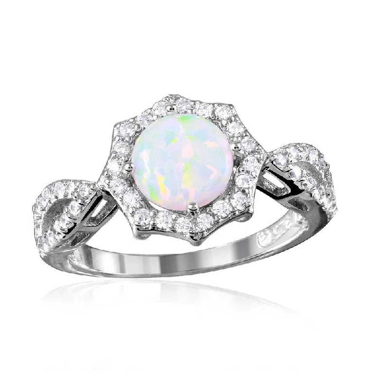 Bold Statement Wedding Rings-Silver 925 Rhodium Plated Synthetic Opal Halo CZ Ring - BGR01054