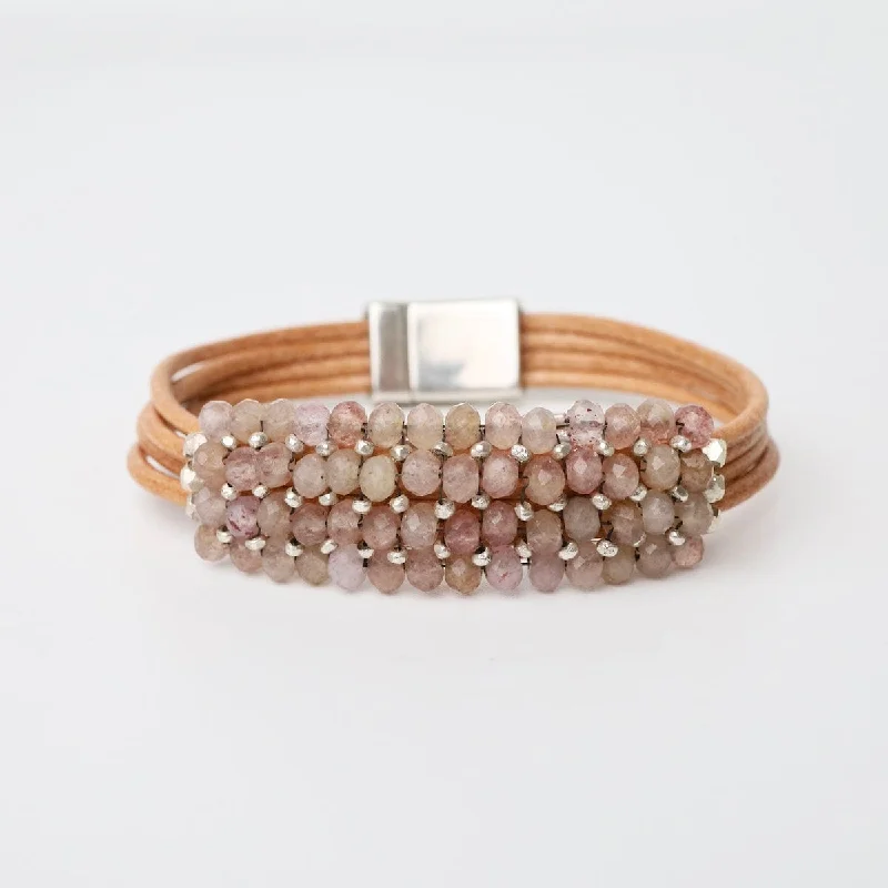 High-End Charm Bracelets-Muscovite & Sterling Detail On Multi Strand Leather Bracelet