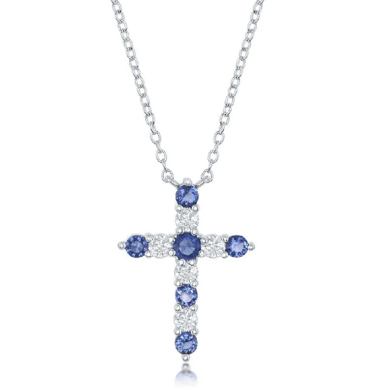 Gold and Silver Necklaces-Sterling Silver Sapphire CZ September Birthstone Cross Necklace