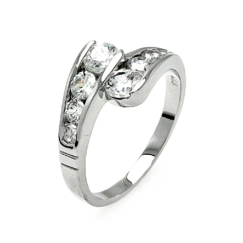 Custom Name Rings-Silver 925 Rhodium Plated Clear Channel Set CZ Overlap Ring - BGR00558