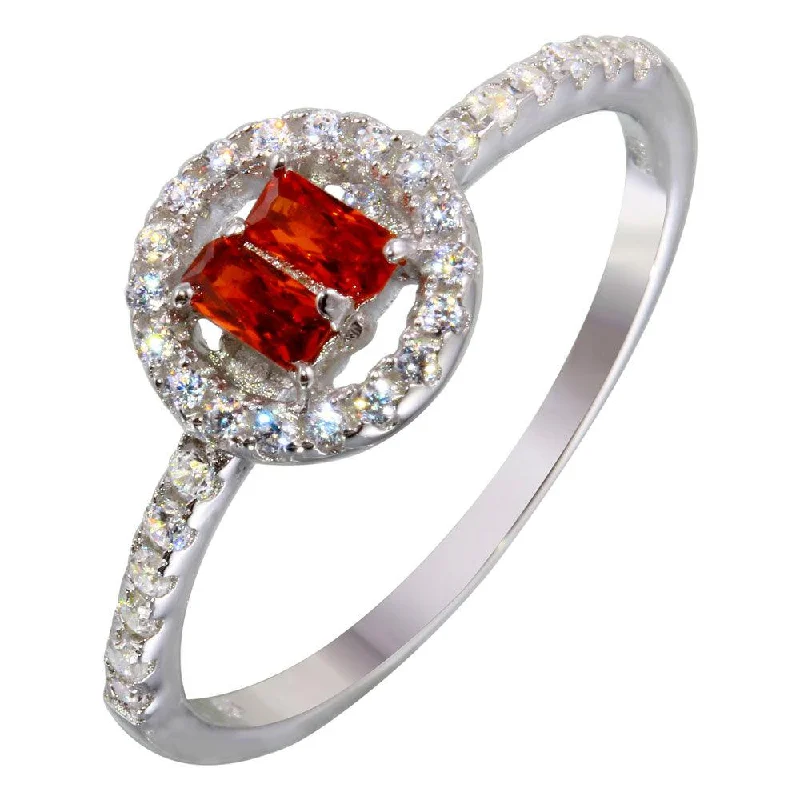 Custom Gemstone Wedding Bands-Rhodium Plated 925 Sterling Silver Red Stone Ring with CZ - BGR01140RED