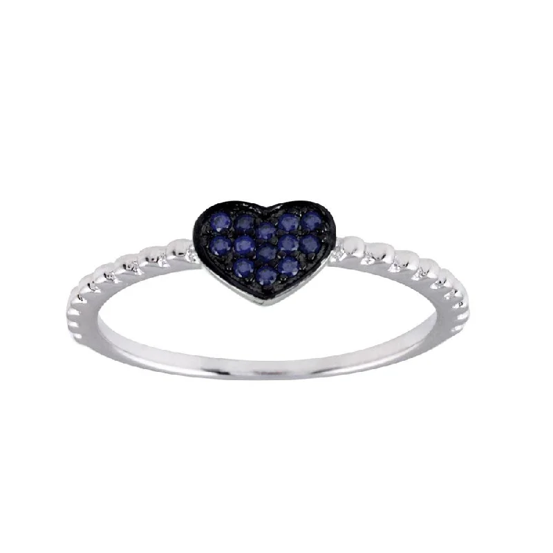 Modern Diamond Rings-Rhodium Plated 925 Sterling Silver Beaded Heart Blue CZ Ring - BGR01245BLU