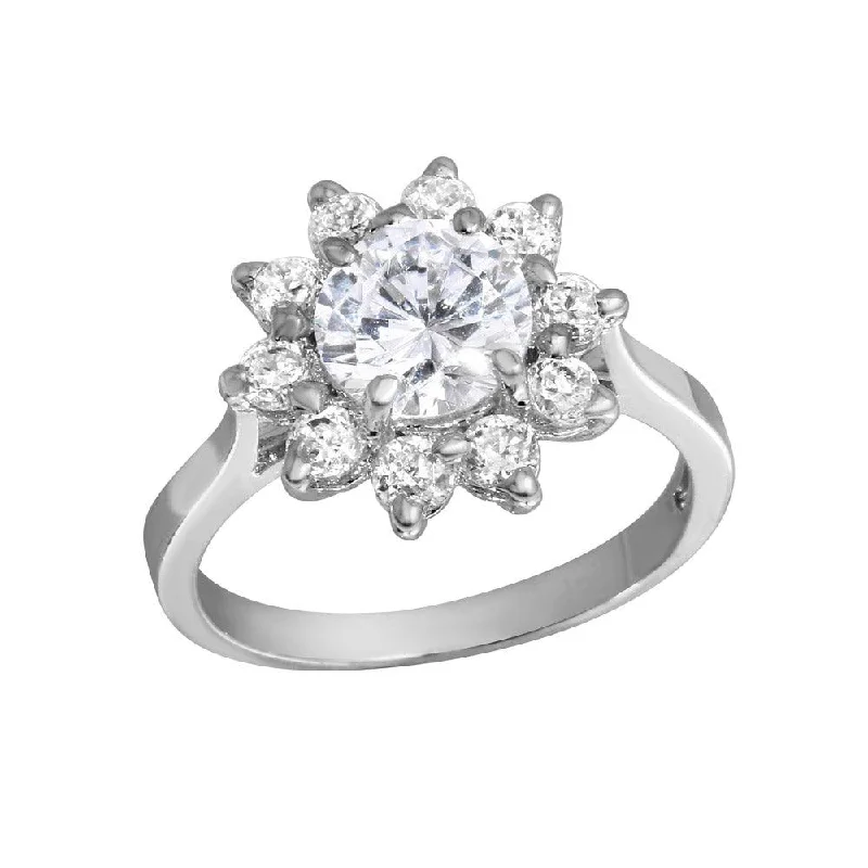 Modern Gold Rings-Rhodium Plated 925 Sterling Silver CZ Flower Ring - GSR00004