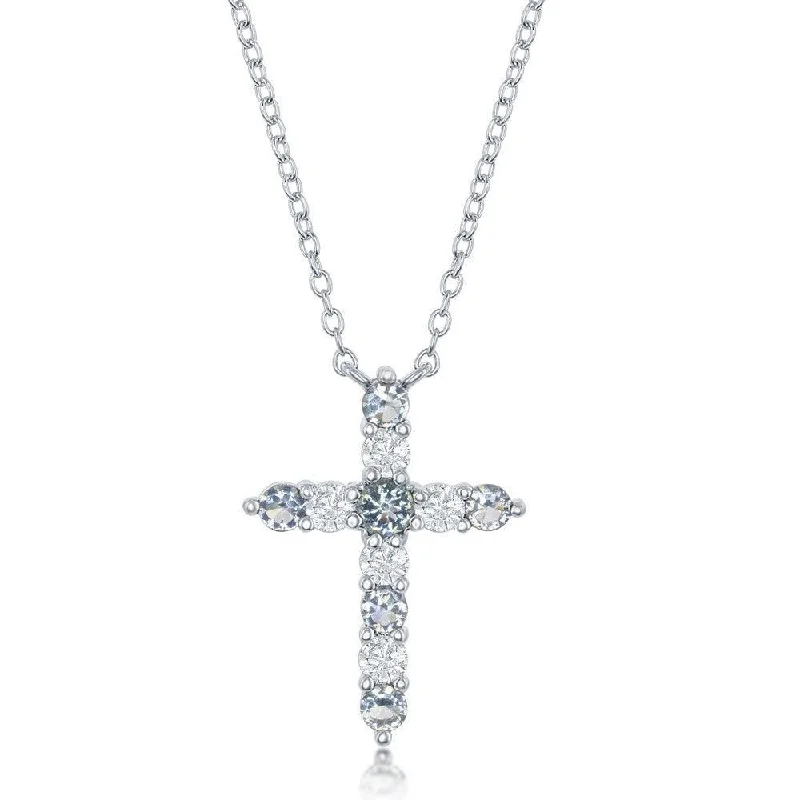 Heart Pendant Necklaces-Sterling Silver Aquamarine CZ March Birthstone Cross Necklace