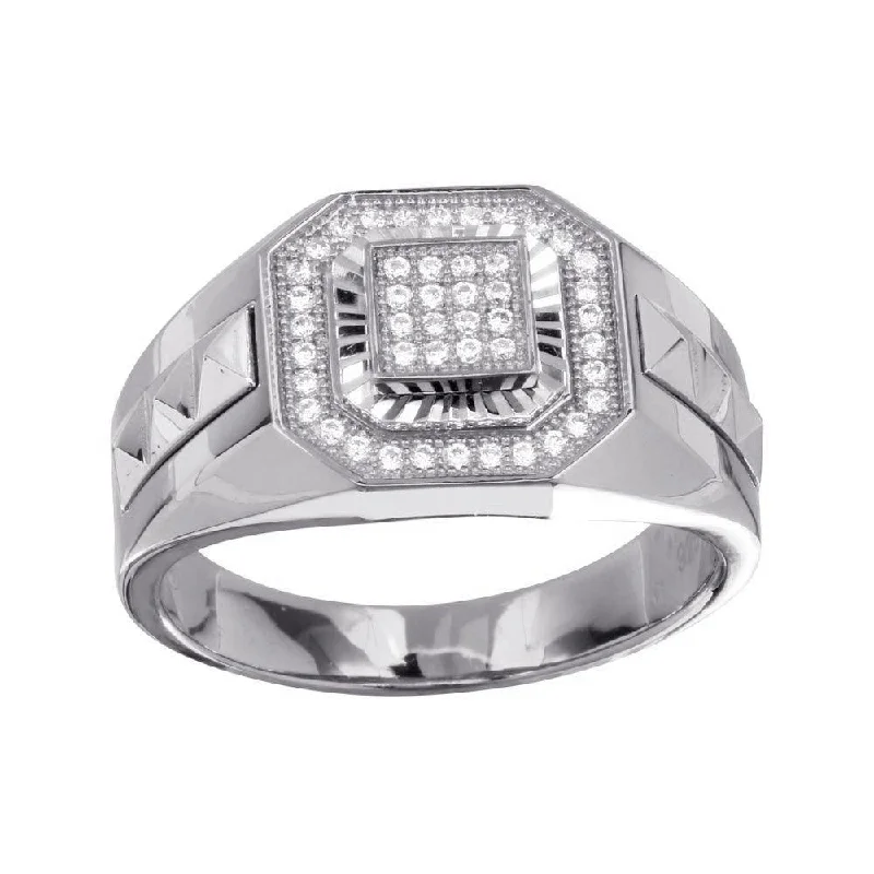 Luxury Bridal Rings-Men's Sterling 925 Sterling Silver Rhodium Square Ring with CZ - GMR00230RH