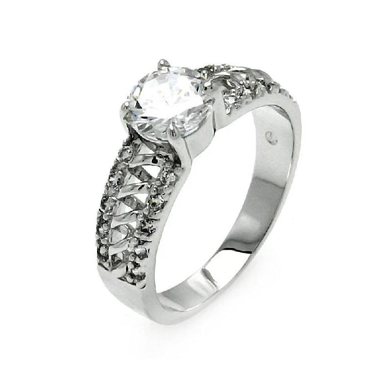 Trendy Wedding Bands-Silver 925 Rhodium Plated Clear Round Center CZ Spiral Bridal Ring - BGR00526