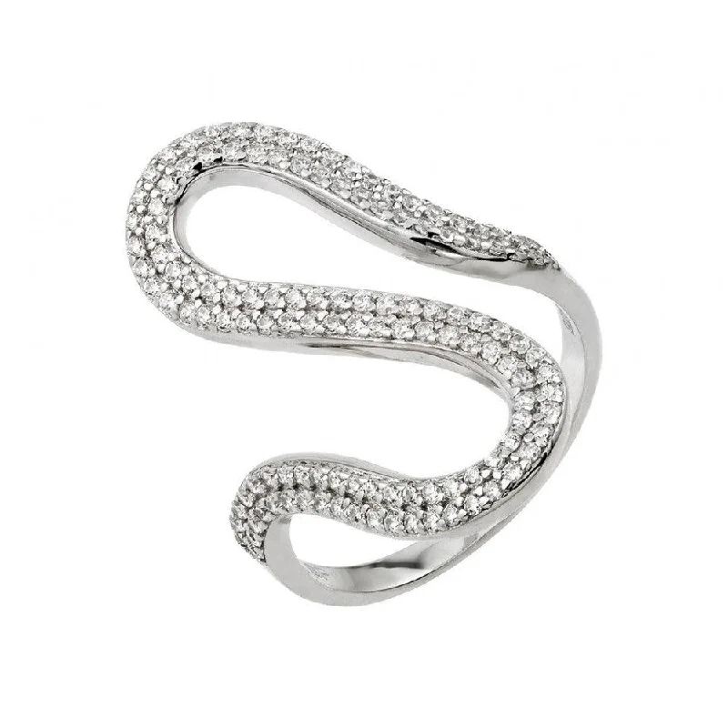 Designer Wedding Rings-Silver 925 Rhodium Plated Wavy CZ Ring - GMR00030